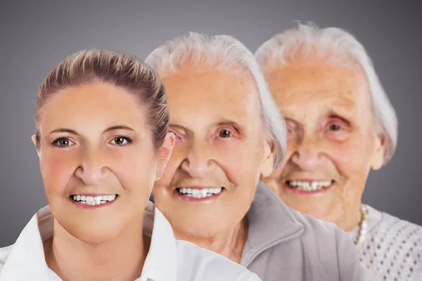 Multiple Image Showing Ageing Process Woman Gray Background — Stock Photo, Image