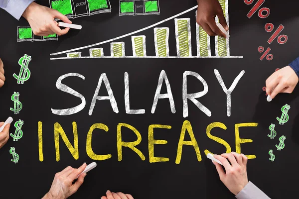 Hands Drawing Salary Increase Concept Blackboard — Stock Photo, Image
