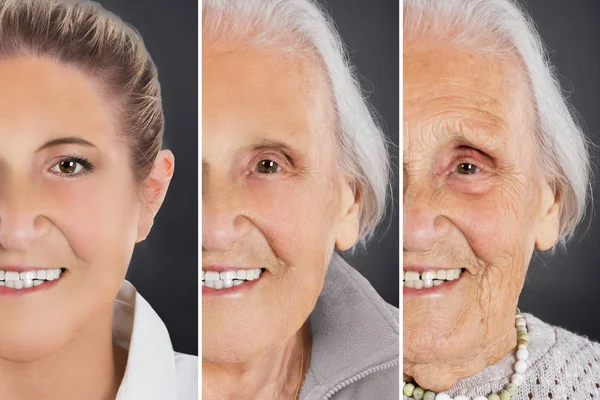 Meerdere Afbeelding Toont Verouderingsproces Van Vrouw Grijze Achtergrond — Stockfoto