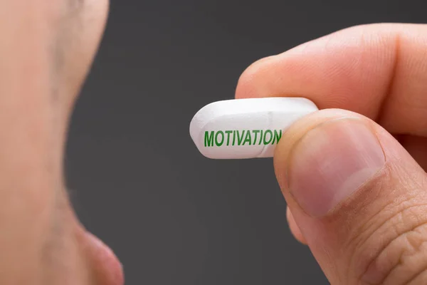 Cropped Image Man Having Motivation Pill Gray Background — Stock Photo, Image