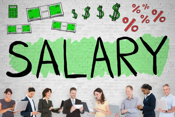 Group Diverse Workers Front Salary Word — Stock Photo, Image