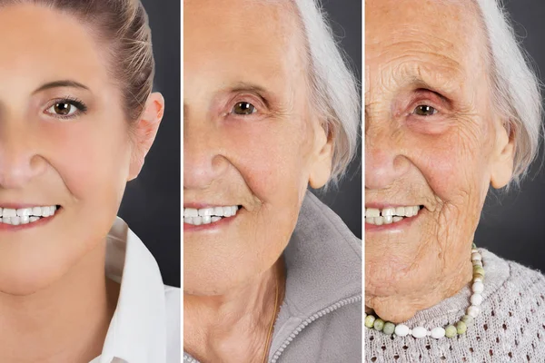 灰色背景下女性衰老过程的多图像显示 — 图库照片