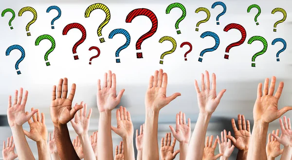 Digital Composite Image Multicolored Question Marks Business People Hands — Stock Photo, Image