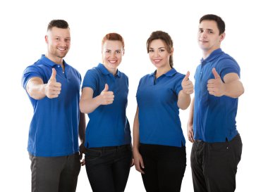 Mutlu Janitors başparmak tabela beyaz arka plan karşı gösterilen portresi