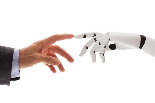 Businessperson Finger Touching Robotic Finger