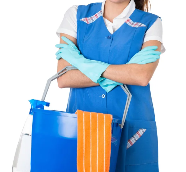 Janitor feminino com equipamentos de limpeza — Fotografia de Stock