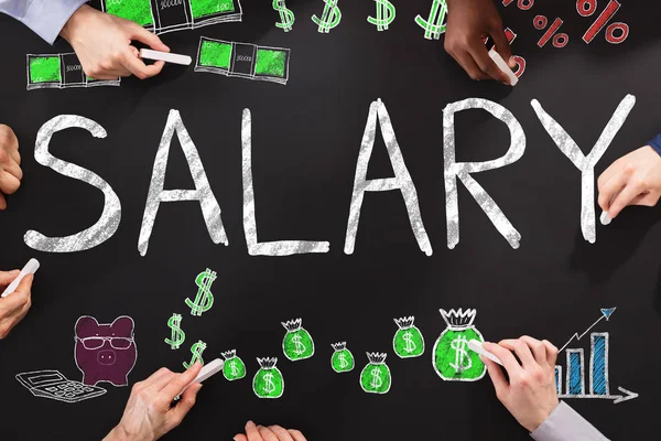 Hands Drawing Salary Word Black Blackboard — Stock Photo, Image