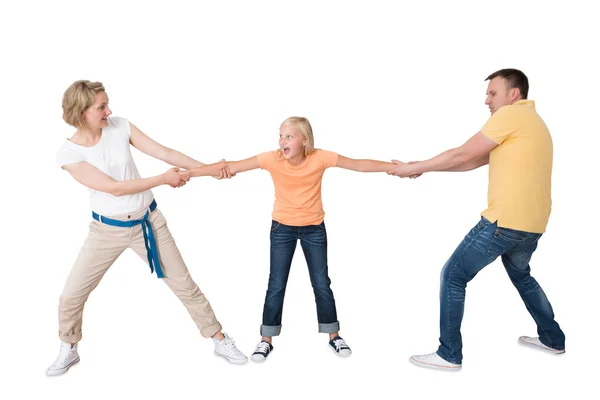 Parents Pulling Daughter Hand White Background Stock Photo