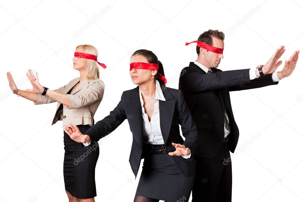 Business People In Blindfolds Against White Background