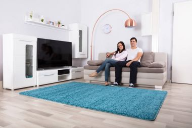 mutlu çift kanepede oturan