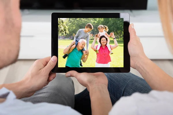 Close Two People Watching Online Movie Digital Tablet — Stok Foto