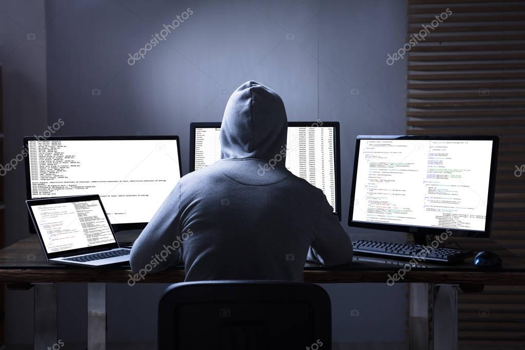 Hacker Using Multiple Computers 