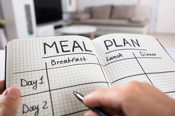 Plan de comidas de llenado de manos humanas en el cuaderno —  Fotos de Stock