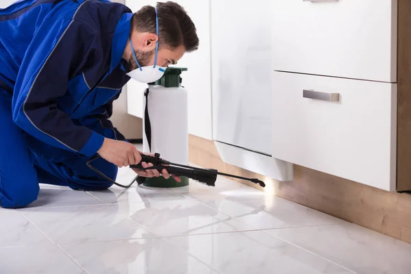 Homem pulverizando pesticida na cozinha — Fotografia de Stock