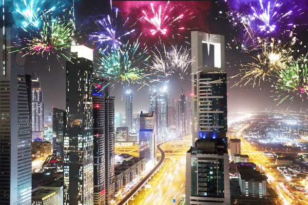 Night View Of Fireworks And Skyscrapers On Sheikh Zayed Road, Dubai, UAE
