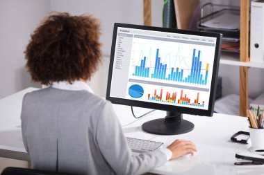 Bilgisayarda Office Grafik üzerinde çalışan bir iş kadını arkadan görünüş