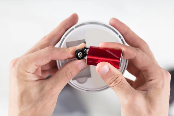 Close Person Hand Inserting Battery Smoke Detector — Stock Photo, Image