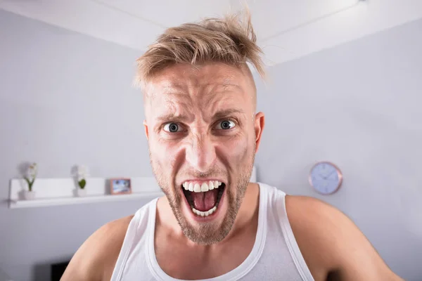 Portrait Shouting Angry Young Man Home — Stock Photo, Image