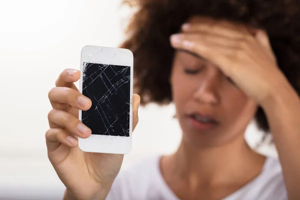 Close Young Woman Holding Broken Mobile Phone — Stock Photo, Image