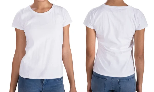 Jonge Vrouw Met Shirt Permanent Witte Achtergrond — Stockfoto