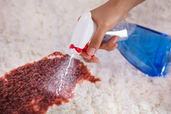 Mancha Limpeza Mão Pessoa Tapete Com Garrafa Spray Detergente — Fotografia de Stock