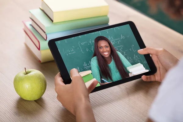 Student Hand Video Conferencing Female Teacher Digital Tablet — Stock Photo, Image