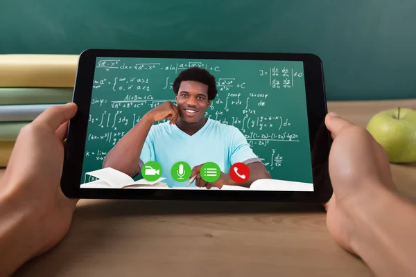 Close Student Hand Video Conferencing Happy Male Teacher Digital Tablet — Stock Photo, Image