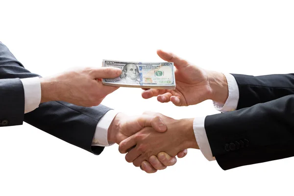 Close Two Businesspeople Shaking Hands Receiving Banknote White Background — Stock Photo, Image