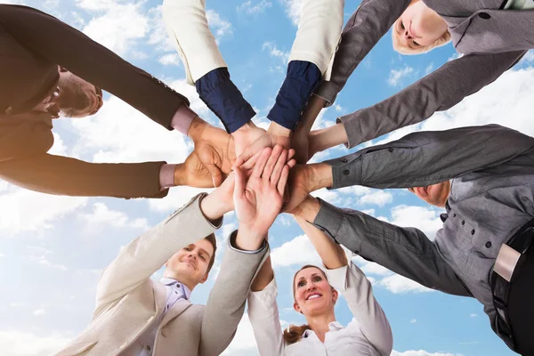 Low Section View Businesspeople Stacking Hands Sky — Stock Photo, Image