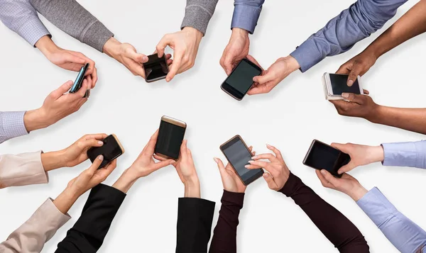 High Angle View Businesspeople Using Smartphone White Background — Stock Photo, Image