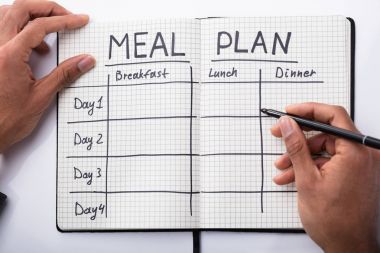 Bir kişinin el yemek planı defter dolduran yüksek açılı görünüş
