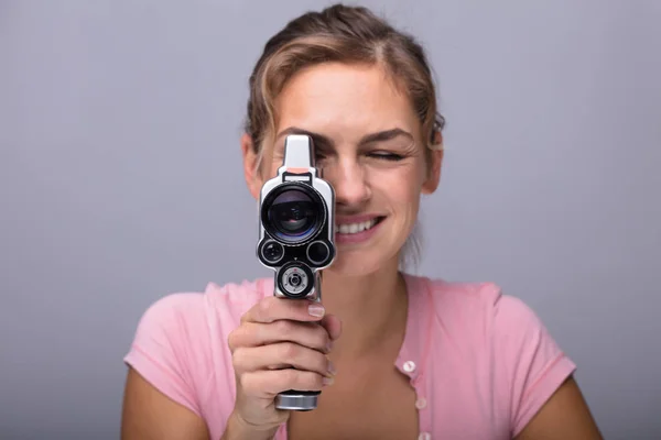 Close Smiling Young Woman Looking Lens Retro Camera — Stock Photo, Image