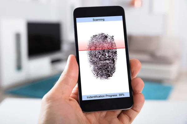 Person Hand Mobile Phone Showing Process Scanning Fingerprint Screen — Stock Photo, Image