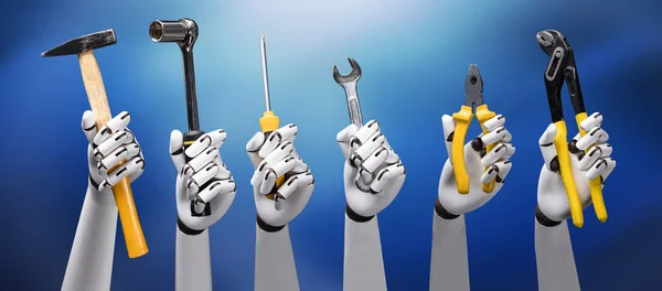 Close-up Of Robot\'s Hand Holding Work Tools On Blue Background