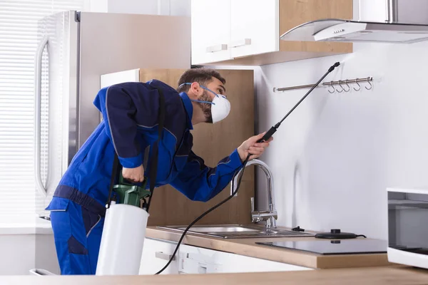 Trabajador Control Plagas Uniforme Pulverización Plaguicidas Con Pulverizador Cocina — Foto de Stock