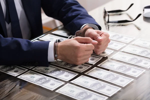 Businessperson Handcuffs Arrested Bribe American Banknotes Desk — Stock Photo, Image