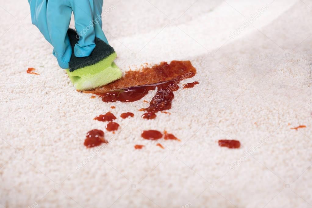 Close-up Of A Person's Hand Wearing Gloves Cleaning Stain Of Carpet With Sponge