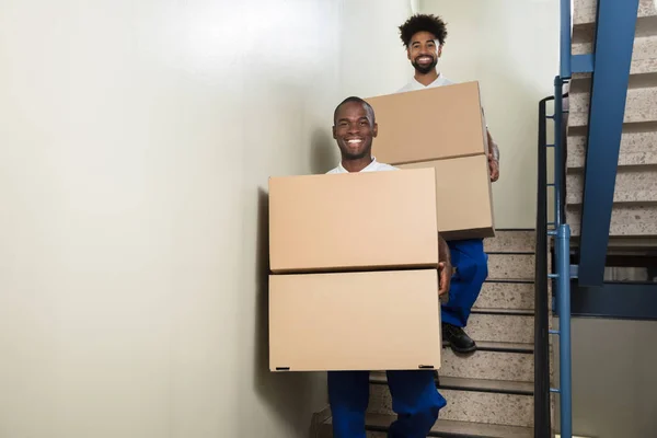 两个年轻的微笑搬运工的肖像站在楼梯上拿着纸板箱 — 图库照片