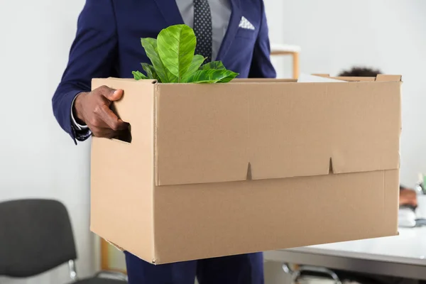 Close Businessperson Hand Holding Belongings Cardboard Box — Stock Photo, Image