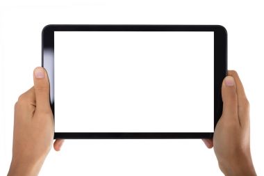 Dijital Tablet ile boş perde beyaz arka plan üzerinde tutan bir kişinin el Close-Up