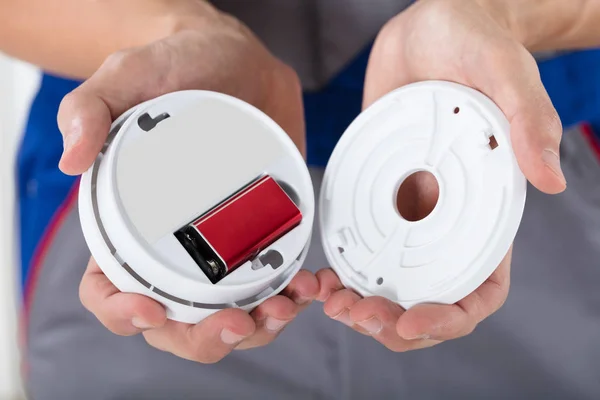 Close Person Hand Inserting Battery Smoke Detector — Stock Photo, Image