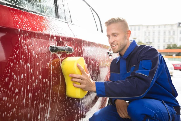 Close Worker Hand Washing Red Car Yellow Sponge Service Station — Stock Photo, Image