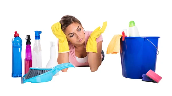 Close Young Female Janitor Lying White Background Cleaning Products — Stock Photo, Image