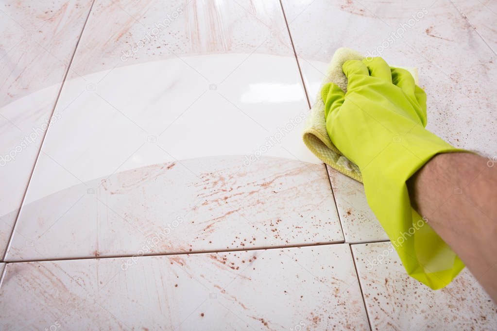 Close-up Of Hands In Rubber Gloves Scrubbing Kitchen Tiles