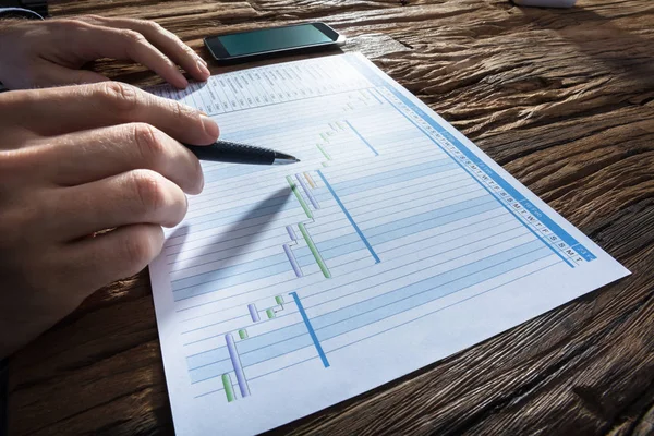 Close Businessperson Hand Analyzing Gantt Chart Workplace — Stock Photo, Image