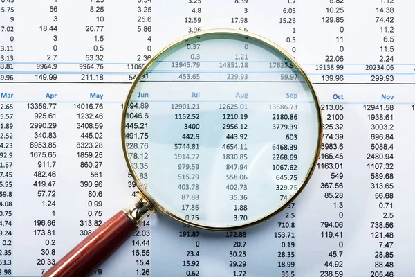 Close Magnifying Glass Monthly Financial Report — Stock Photo, Image