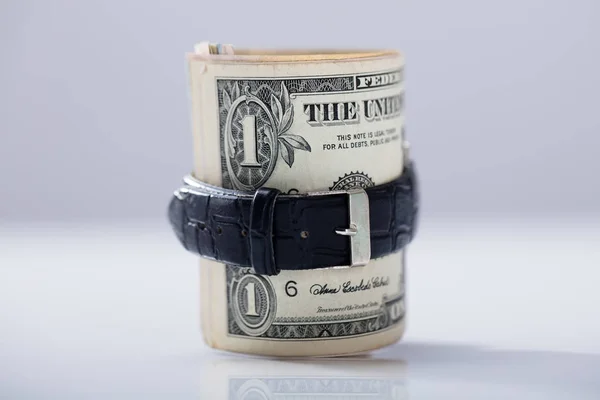 Rolled Dollar Banknote Tied Belt White Background — Stock Photo, Image