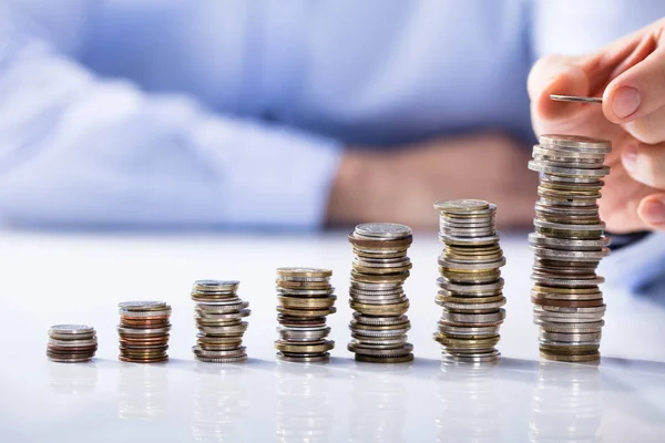 Businessman Hand Placing Coin Top Increasing Stack Coins — Stock Photo, Image