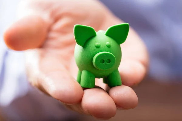Крупним Планом Зелений Маленький Piggybank Руці Людини — стокове фото