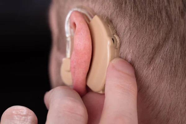 Close Man Wearing Hearing Aid — Stock Photo, Image